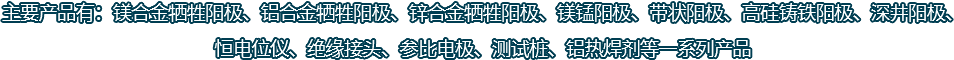 主要產(chǎn)品有：鎂合金犧牲陽(yáng)極、鋁合金犧牲陽(yáng)極、鋅合金犧牲陽(yáng)極、鎂錳陽(yáng)極、帶狀陽(yáng)極、高硅鑄鐵陽(yáng)極、深井陽(yáng)極、恒電位儀、絕緣接頭、參比電極、測(cè)試樁、鋁熱焊劑等一系列產(chǎn)品